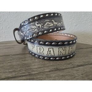 Frank Personalized Western Full Cowhide Belt Hand Tooled Black White Horses 48"